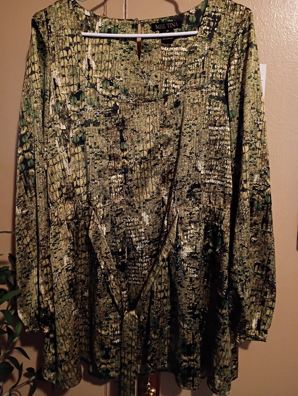 Miss Tina Olive and Black Printed Tie-Front Tunic
